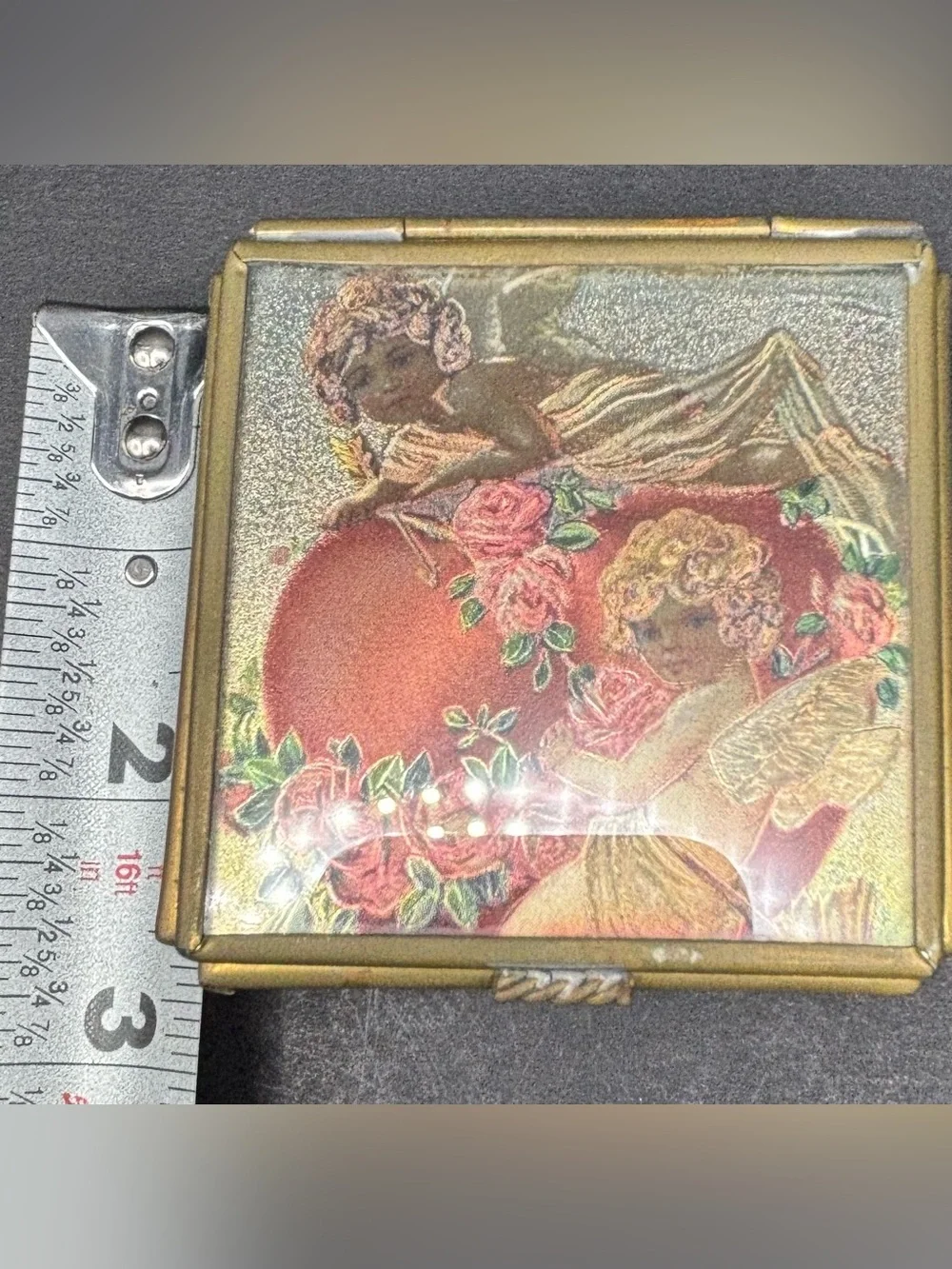 Vintage Via Vermont Cherub Brass Stained Art Glass Trinket Box Holographic